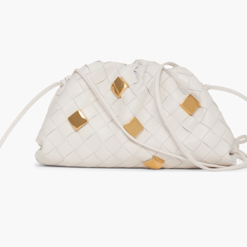 💛🤍 Mini Pouch Intrecciato Studded Leather Crossbody Bag & Metallic Card Case 🤍💛